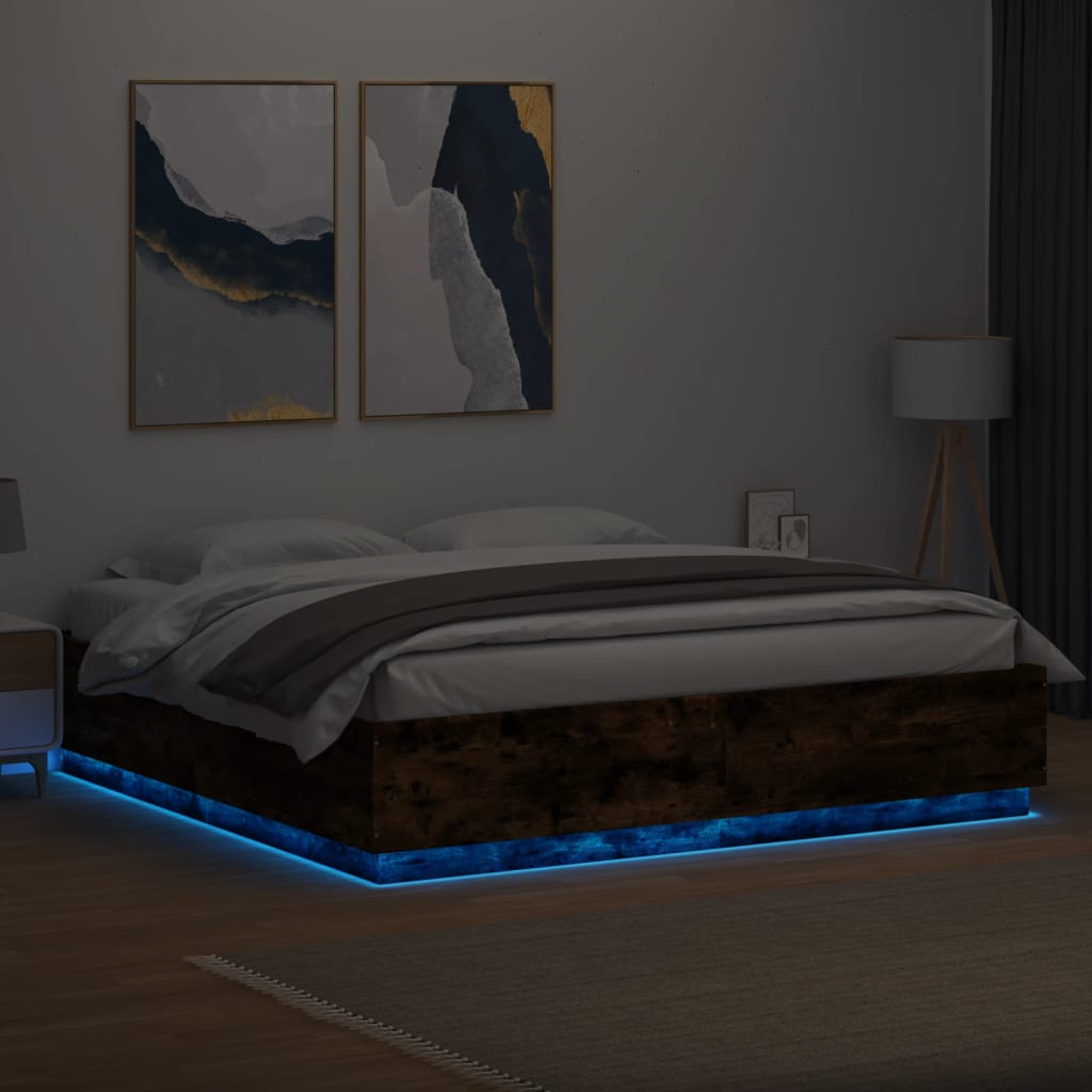 vidaXL Bettgestell mit LED Räuchereiche 200x200 cm Holzwerkstoff