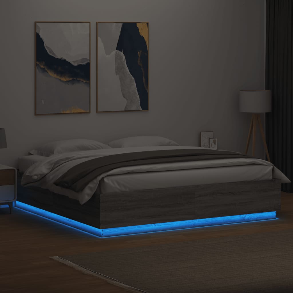 vidaXL Bettgestell mit LED Grau Sonoma 200x200 cm Holzwerkstoff