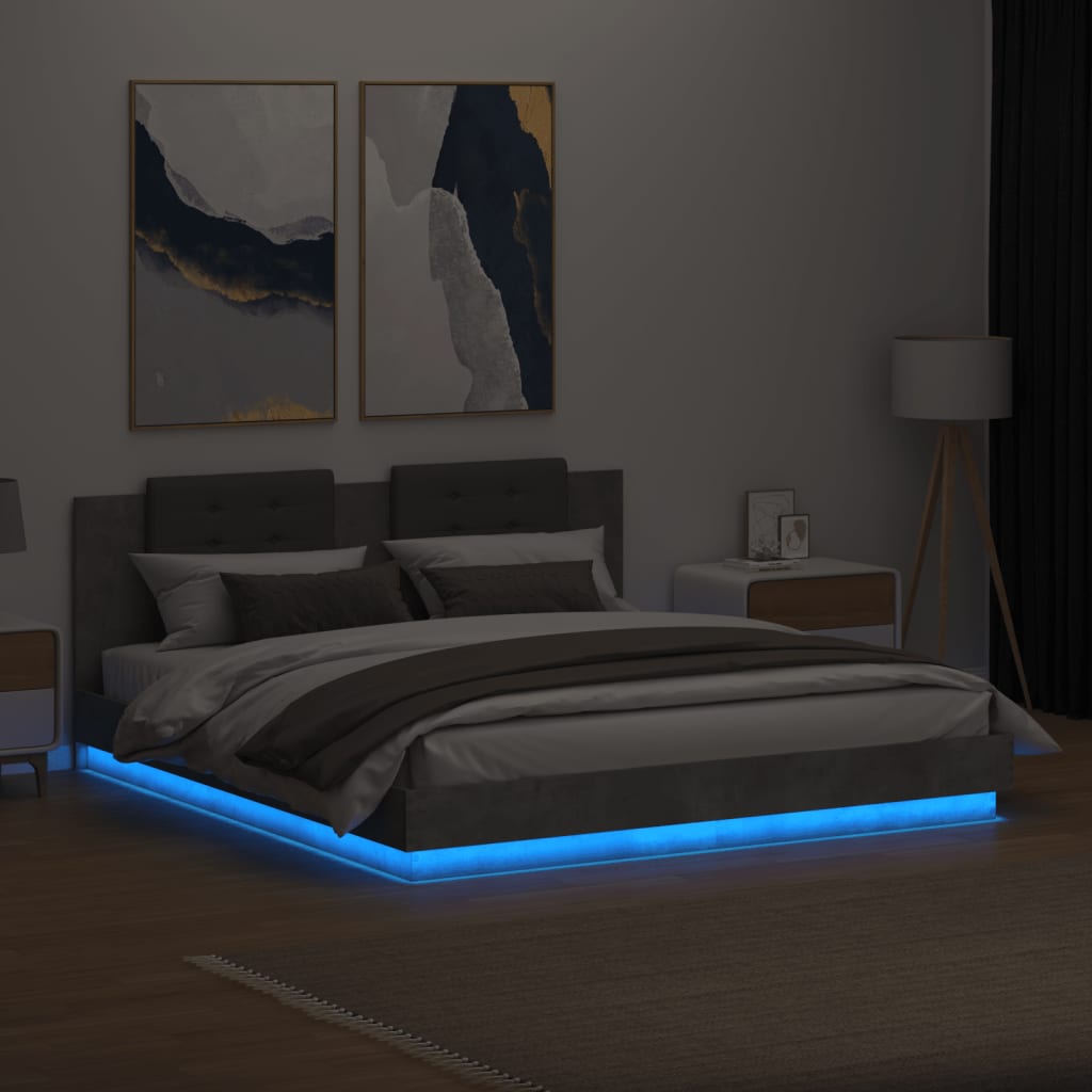 vidaXL Bettgestell mit Kopfteil und LED-Leuchten Betongrau 200x200 cm