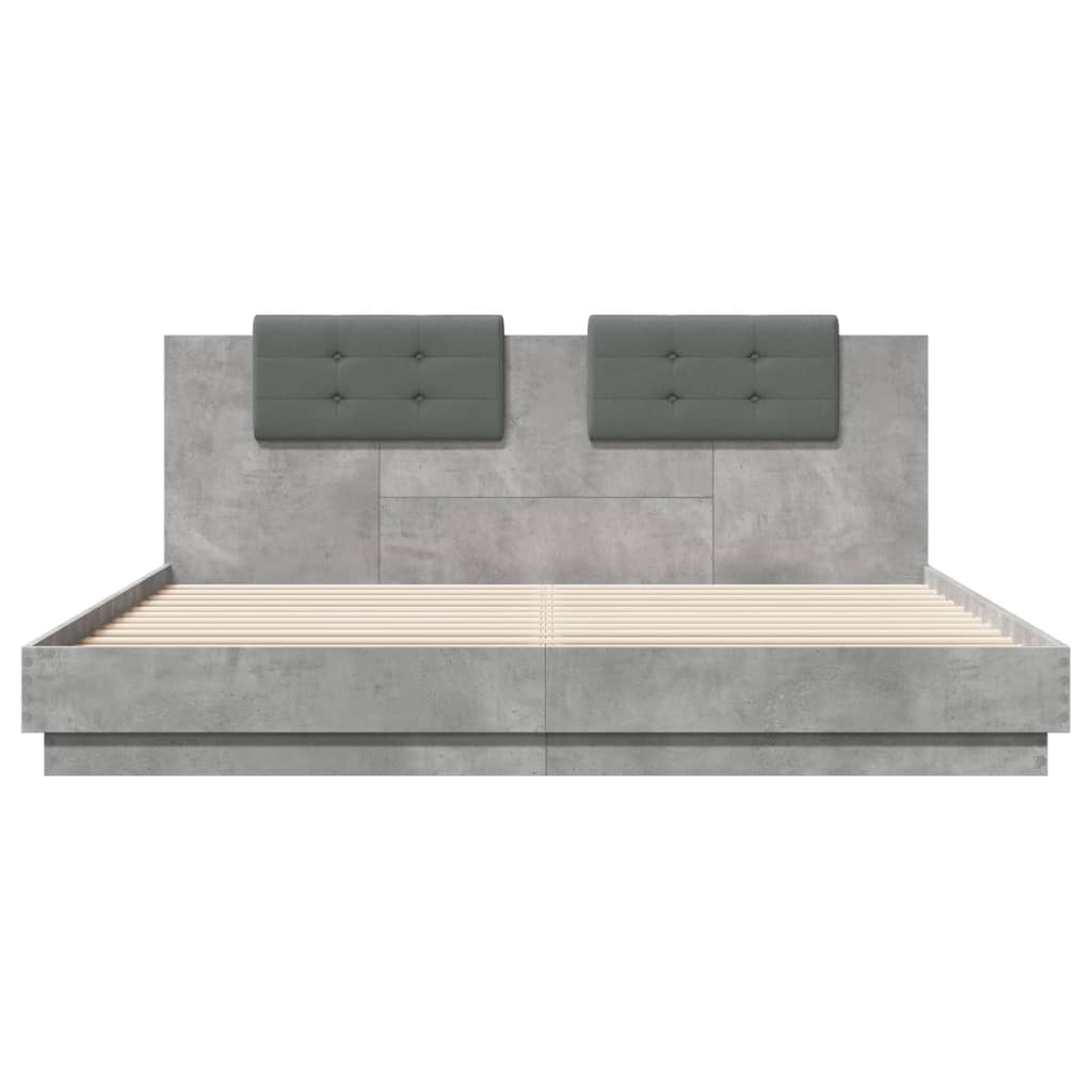 vidaXL Bettgestell mit Kopfteil und LED-Leuchten Betongrau 200x200 cm