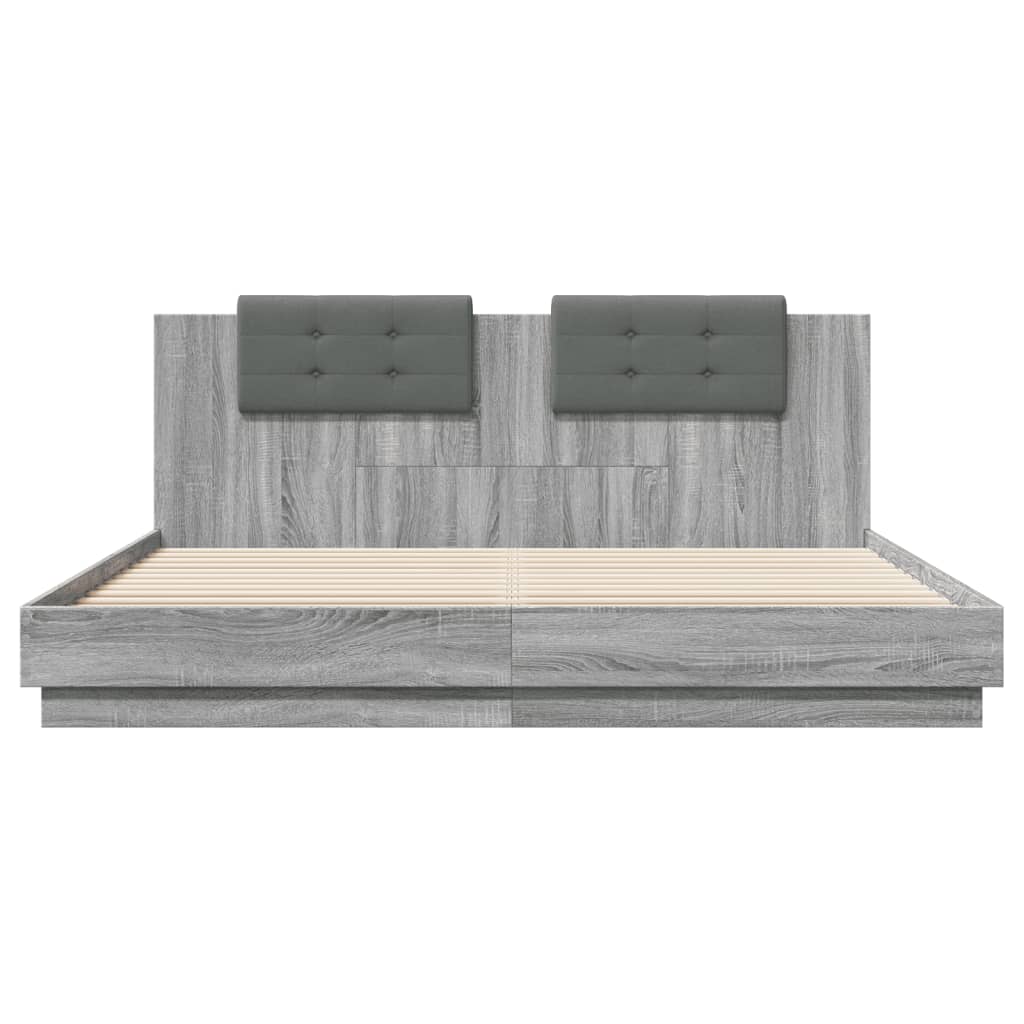 vidaXL Bettgestell mit Kopfteil und LED-Leuchten Grau Sonoma 200x200cm