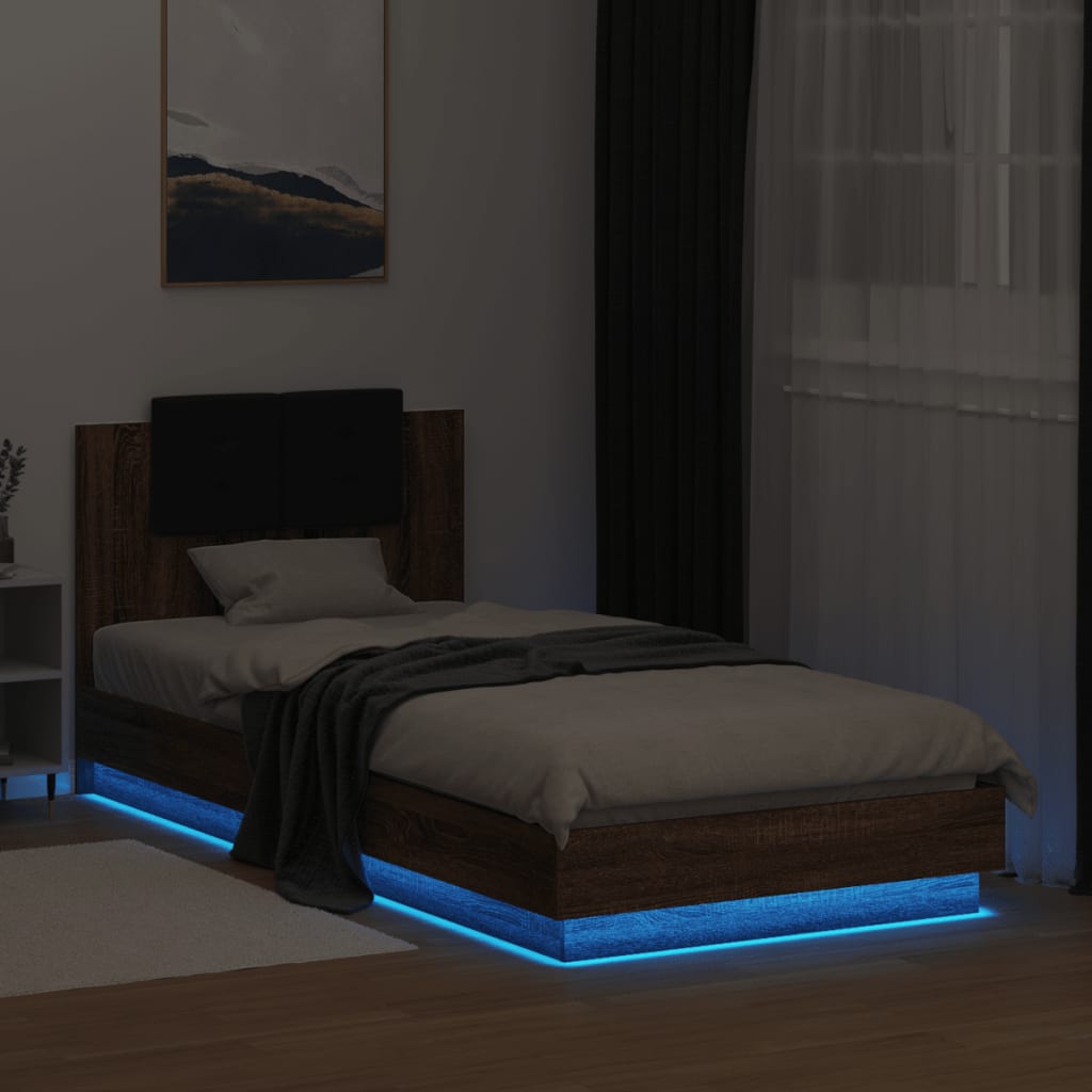 vidaXL Bettgestell mit Kopfteil und LED-Leuchten Braun Eiche 100x200cm