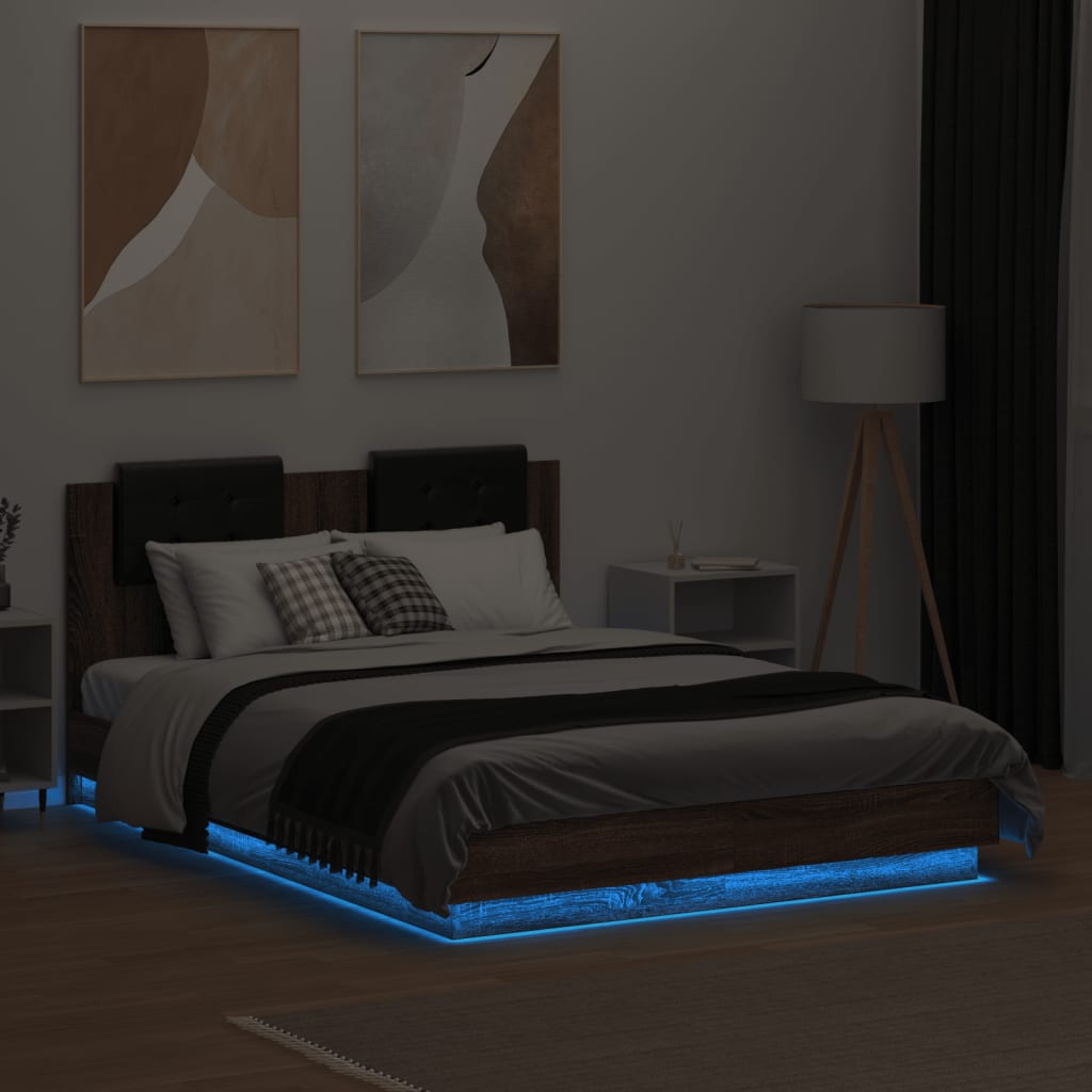 vidaXL Bettgestell mit Kopfteil und LED Braun Eiche-Optik 135x190 cm