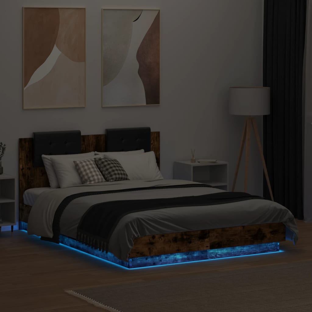 vidaXL Bettgestell mit Kopfteil und LED Räuchereiche 120x190 cm