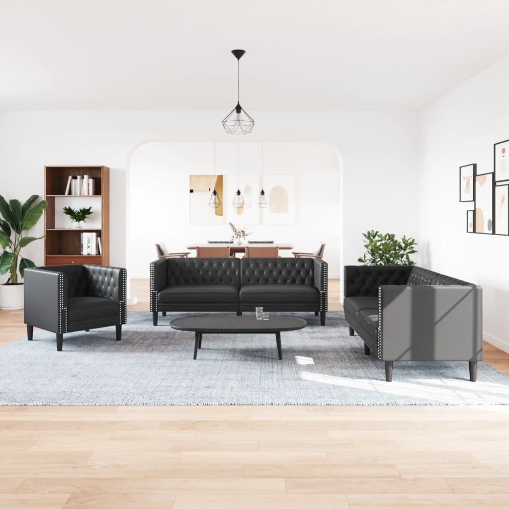 vidaXL 3-tlg. Chesterfield-Sofa-Set Schwarz Kunstleder