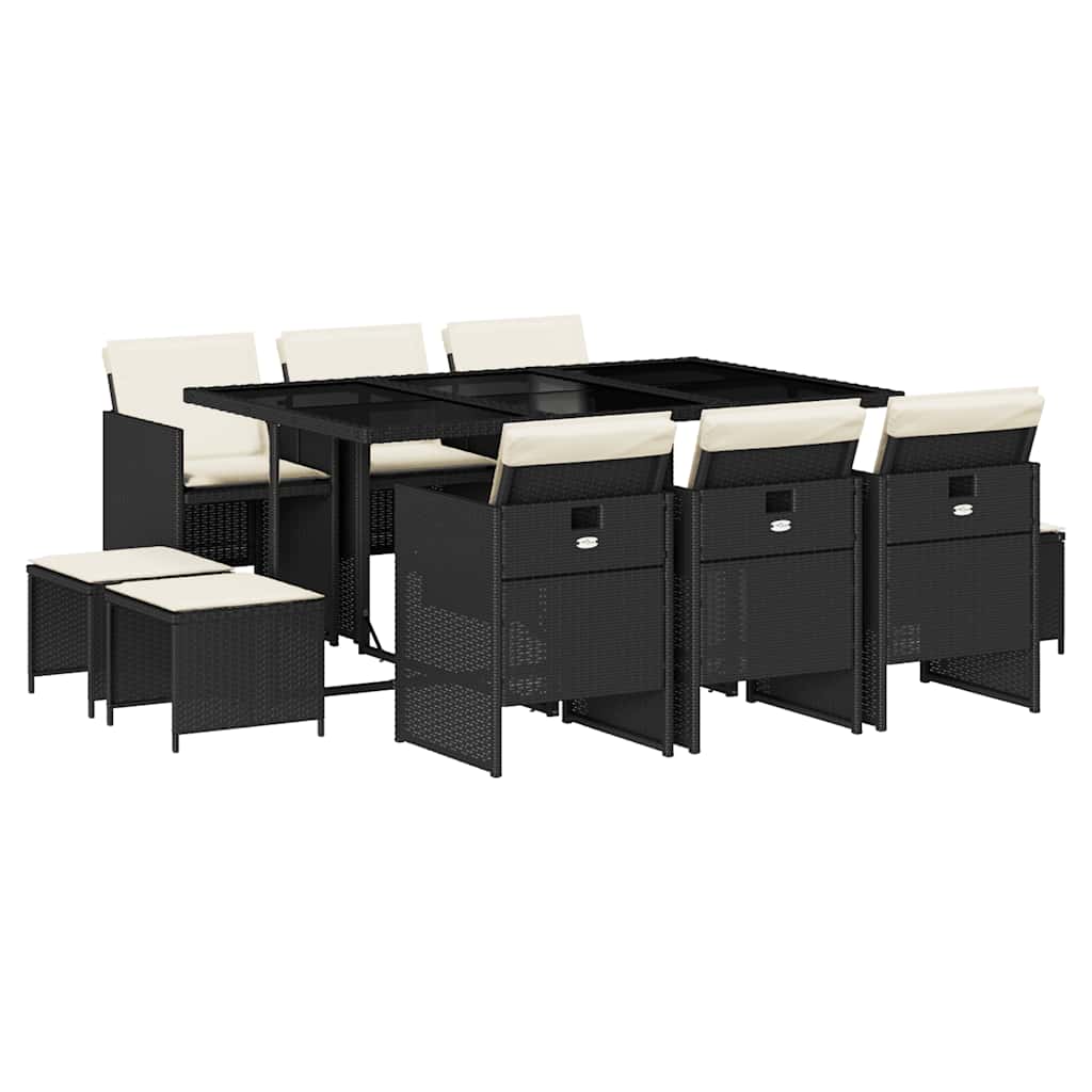 vidaXL 11-tlg. Garten-Essgruppe mit Kissen Schwarz Poly Rattan