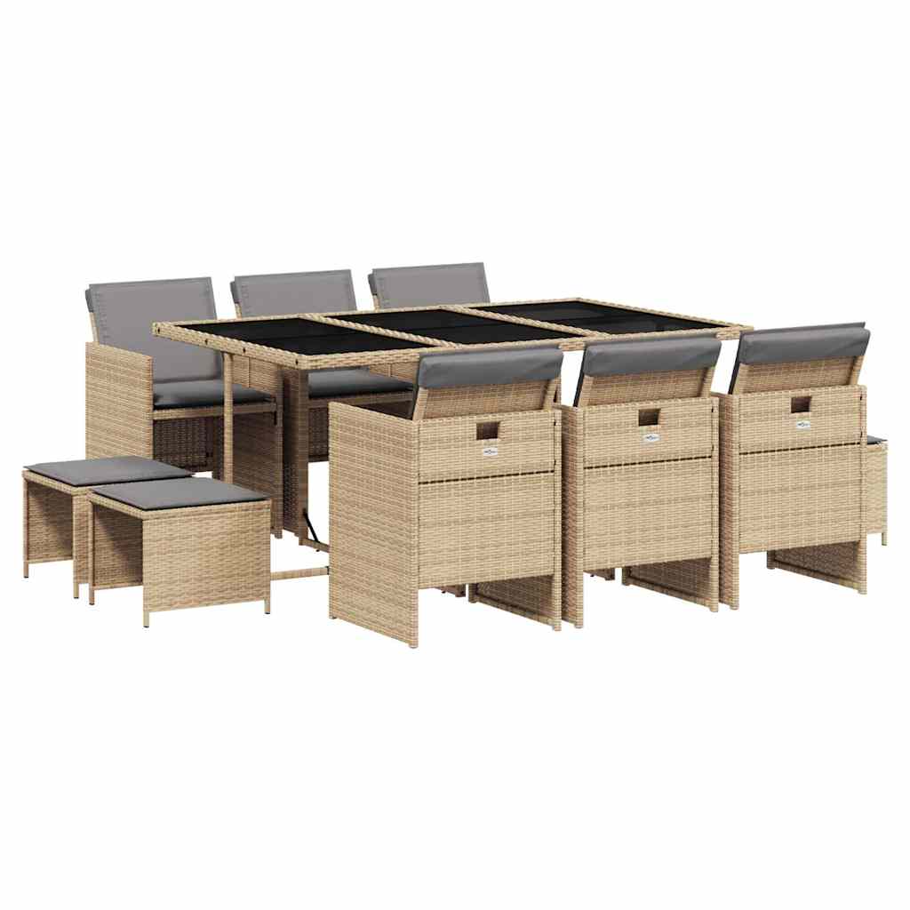 vidaXL 11-tlg. Garten-Essgruppe mit Kissen Beigemischung Poly Rattan