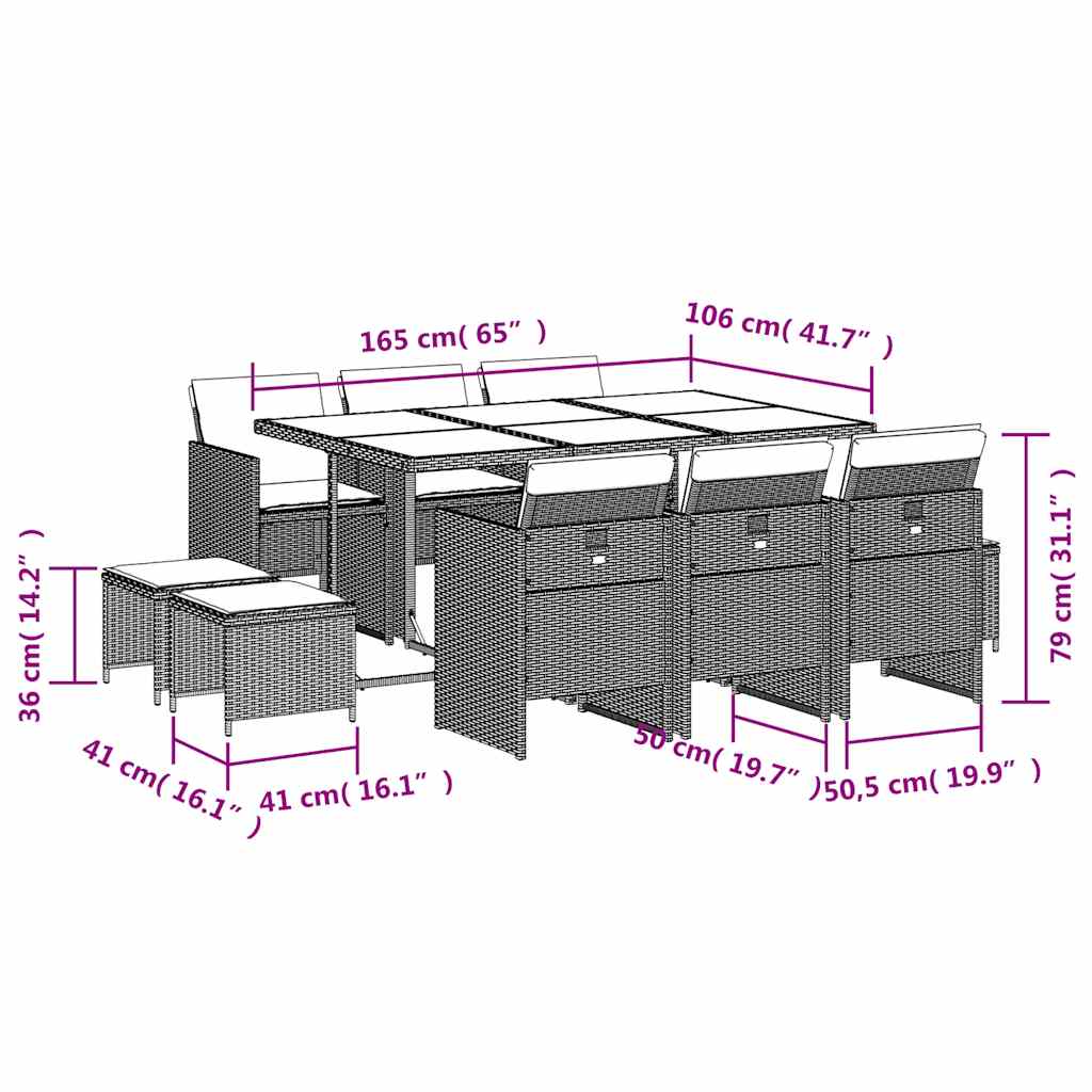 vidaXL 11-tlg. Garten-Essgruppe mit Kissen Beigemischung Poly Rattan