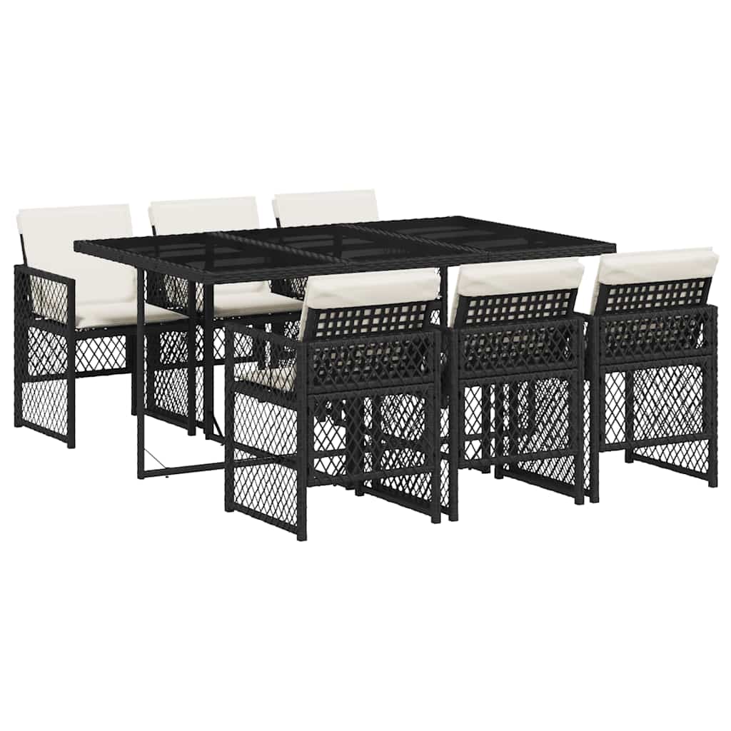 vidaXL 7-tlg. Garten-Essgruppe mit Kissen Schwarz Poly Rattan
