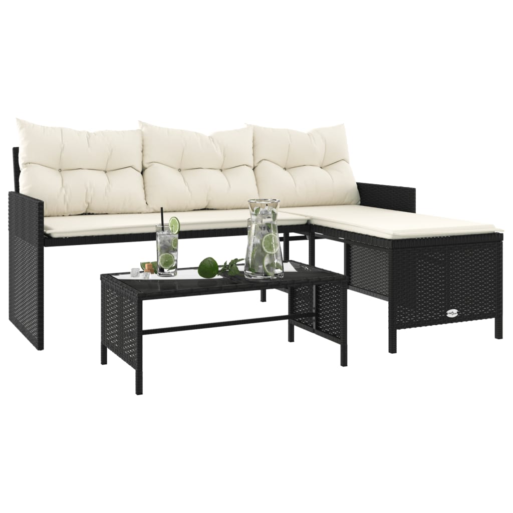 vidaXL Gartensofa in L-Form mit Tisch und Kissen Schwarz Poly Rattan