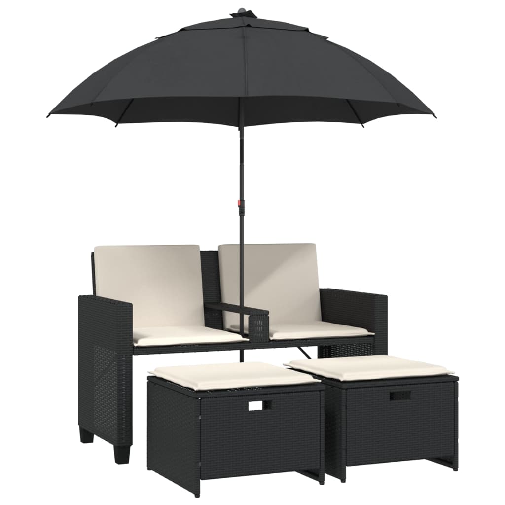 vidaXL Gartensofa 2-Sitzer Sonnenschirm und Hocker Schwarz Poly-Rattan
