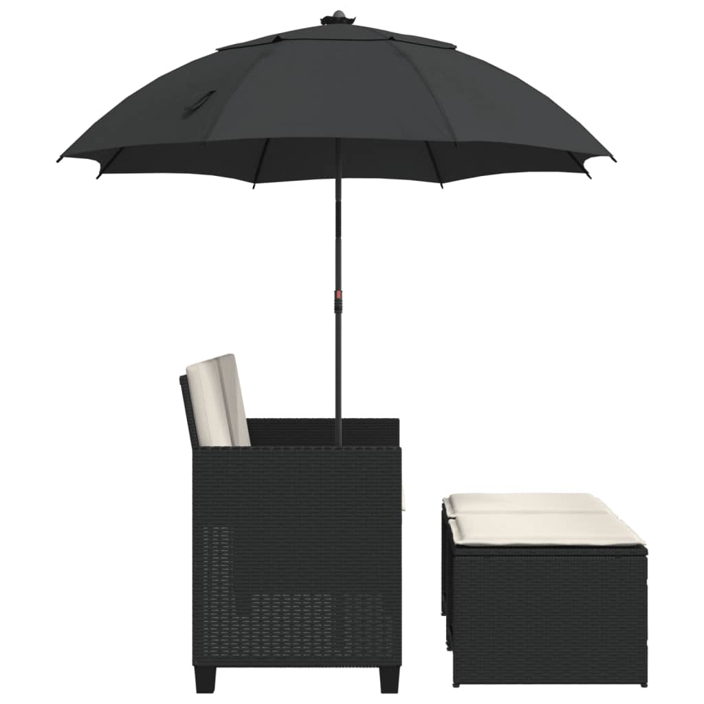vidaXL Gartensofa 2-Sitzer Sonnenschirm und Hocker Schwarz Poly-Rattan