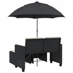 vidaXL Gartensofa 2-Sitzer Sonnenschirm und Hocker Schwarz Poly-Rattan