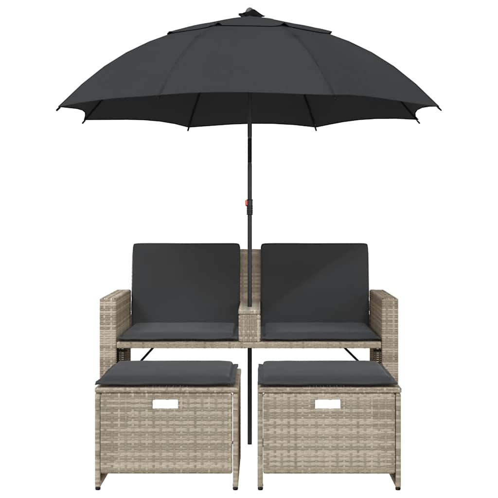 vidaXL Gartensofa 2-Sitzer Sonnenschirm und Hocker Hellgrau Polyrattan