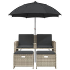 vidaXL Gartensofa 2-Sitzer Sonnenschirm und Hocker Hellgrau Polyrattan