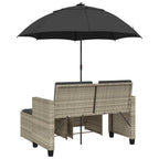 vidaXL Gartensofa 2-Sitzer Sonnenschirm und Hocker Hellgrau Polyrattan