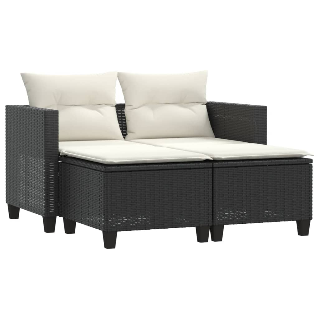 vidaXL Gartensofa 2-Sitzer mit Hockern Schwarz Poly Rattan