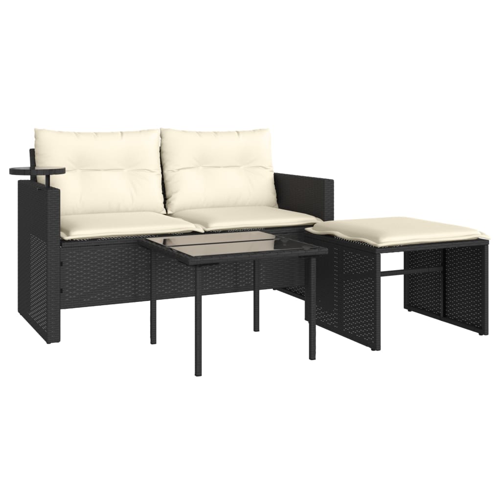 vidaXL 3-tlg. Garten-Sofagarnitur mit Kissen Schwarz Poly Rattan