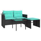 vidaXL 3-teiliges Gartensofa-Set mit Kissen, schwarzes Polyrattan