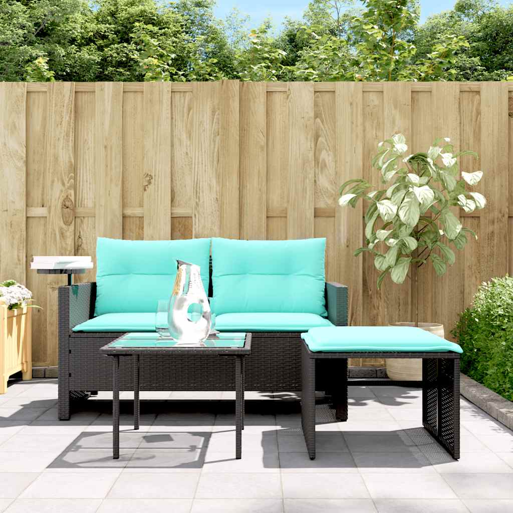 vidaXL 3-teiliges Gartensofa-Set mit Kissen, schwarzes Polyrattan