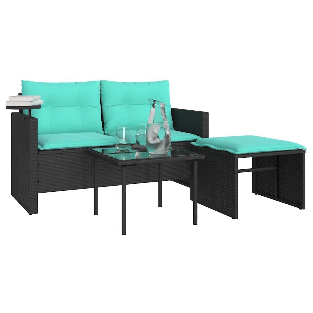 vidaXL 3-teiliges Gartensofa-Set mit Kissen, schwarzes Polyrattan