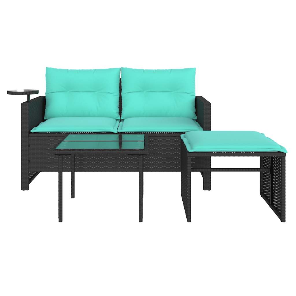 vidaXL 3-teiliges Gartensofa-Set mit Kissen, schwarzes Polyrattan