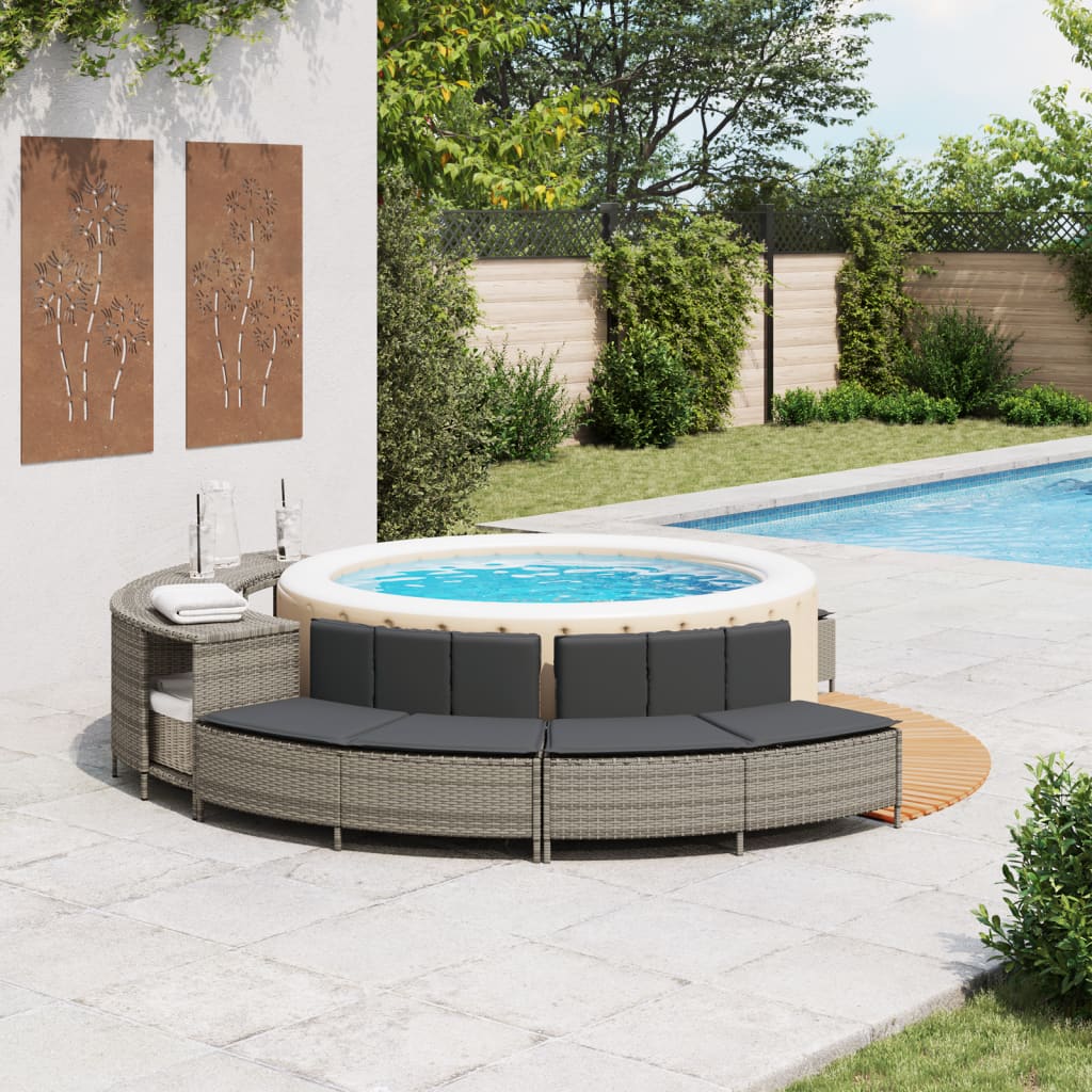 vidaXL Whirlpool-Bänke mit Auflagen 2 Stk. Grau Poly Rattan