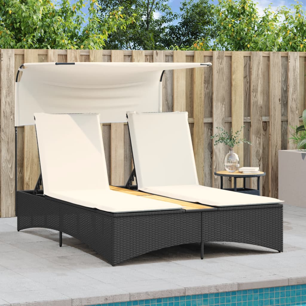 vidaXL Doppel-Sonnenliege mit Dach und Auflagen Schwarz Poly Rattan