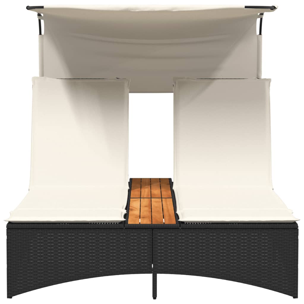 vidaXL Doppel-Sonnenliege mit Dach und Auflagen Schwarz Poly Rattan