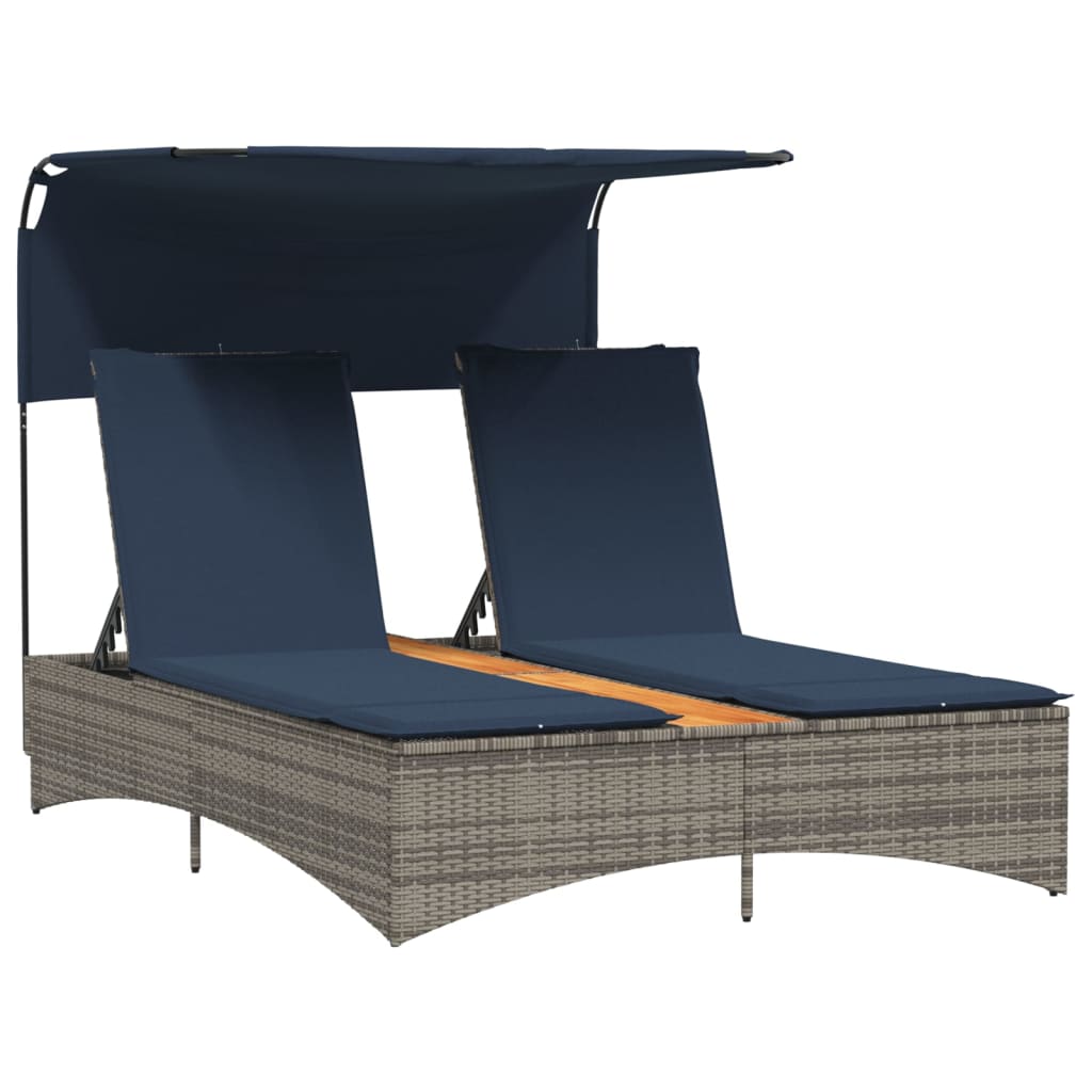 vidaXL Doppel-Sonnenliege mit Dach und Kissen Grau Poly Rattan