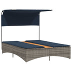 vidaXL Doppel-Sonnenliege mit Dach und Kissen Grau Poly Rattan
