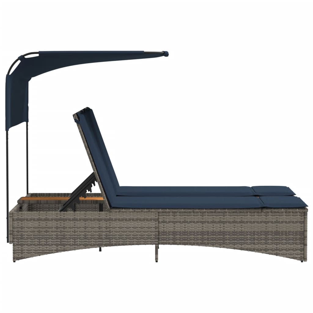 vidaXL Doppel-Sonnenliege mit Dach und Kissen Grau Poly Rattan