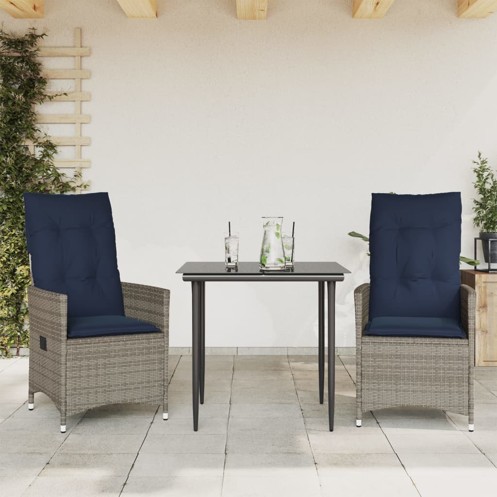vidaXL Gartenstühle Verstellbar 2 Stk. mit Kissen Grau Poly Rattan