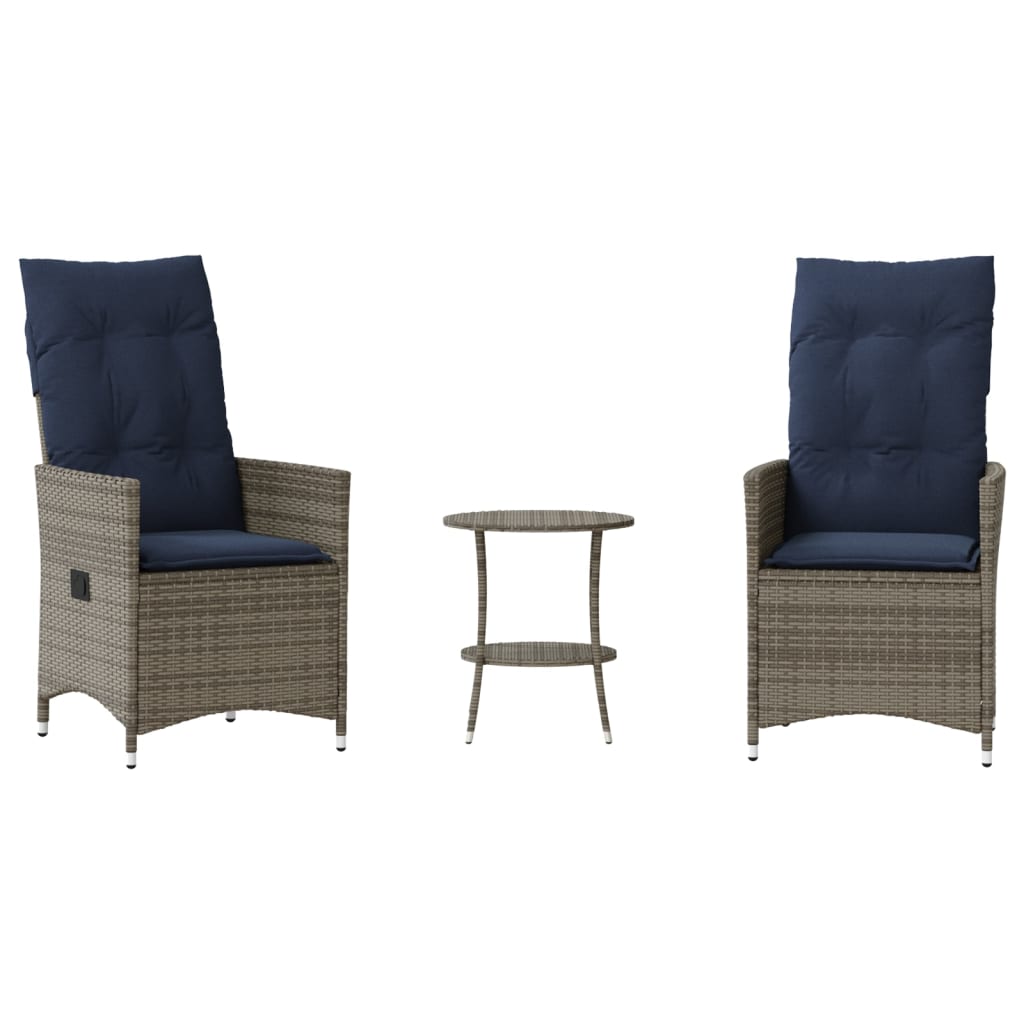 vidaXL 3-teiliges Bistro-Set mit Kissen Grau Poly Rattan