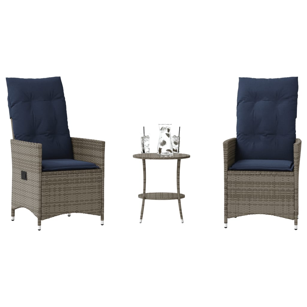vidaXL 3-teiliges Bistro-Set mit Kissen Grau Poly Rattan