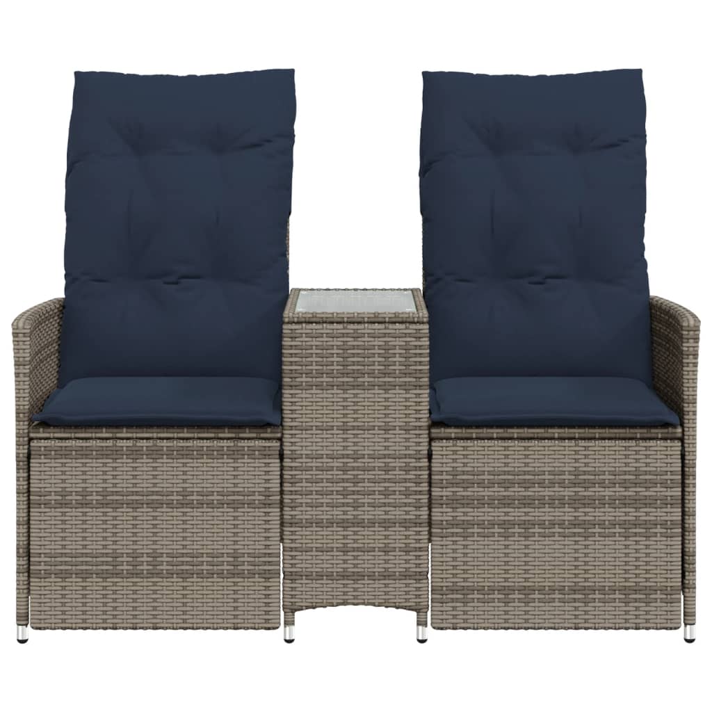 vidaXL Gartensofa Verstellbar 2-Sitzer mit Tisch Grau Poly Rattan