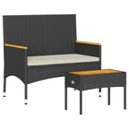 vidaXL Gartenbank 2-Sitzer mit Kissen und Tisch Schwarz Poly Rattan