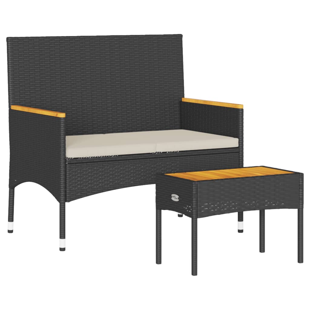 vidaXL Gartenbank 2-Sitzer mit Kissen und Tisch Schwarz Poly Rattan