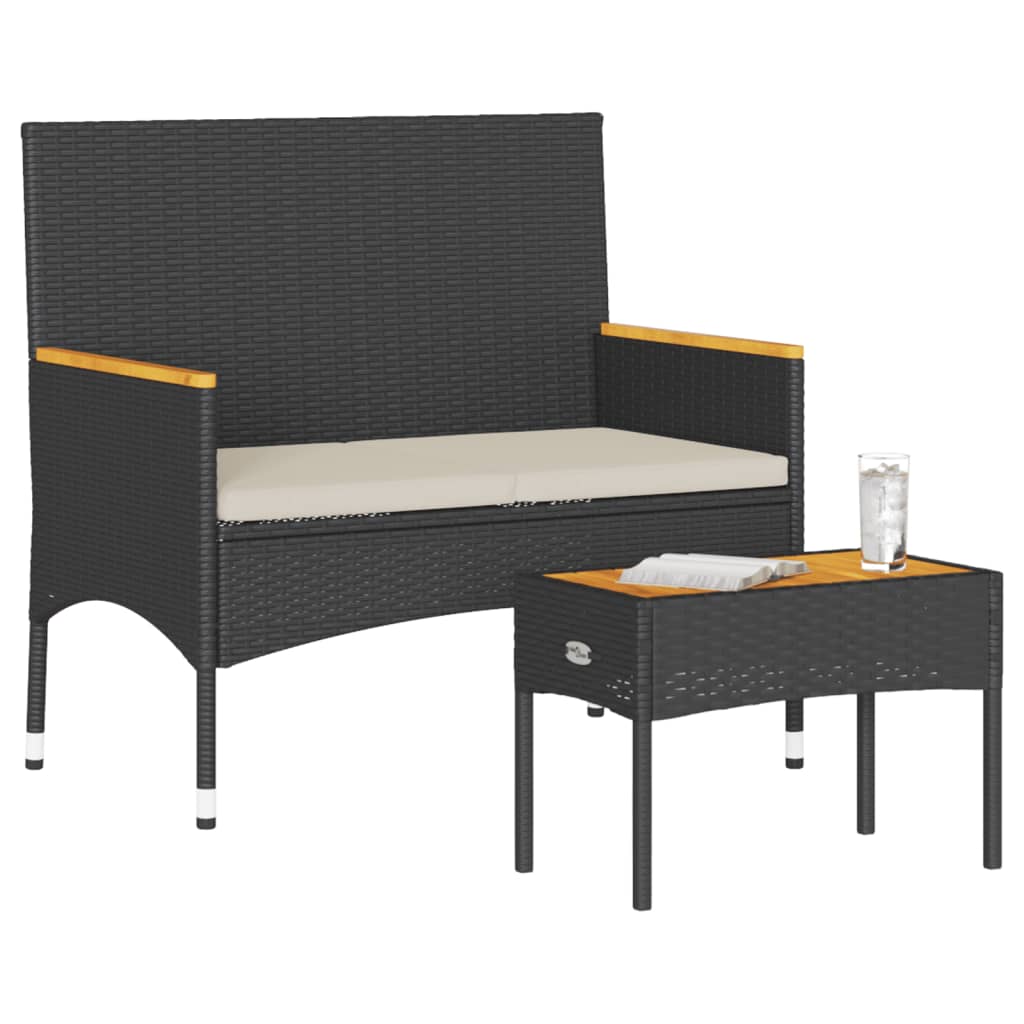 vidaXL Gartenbank 2-Sitzer mit Kissen und Tisch Schwarz Poly Rattan