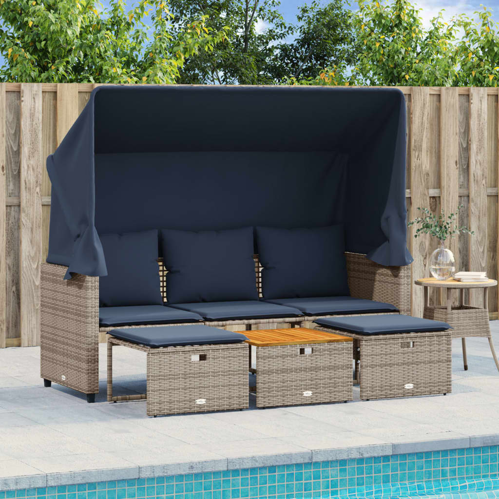 vidaXL Gartensofa 3-Sitzer mit Baldachin und Hockern Grau Poly Rattan