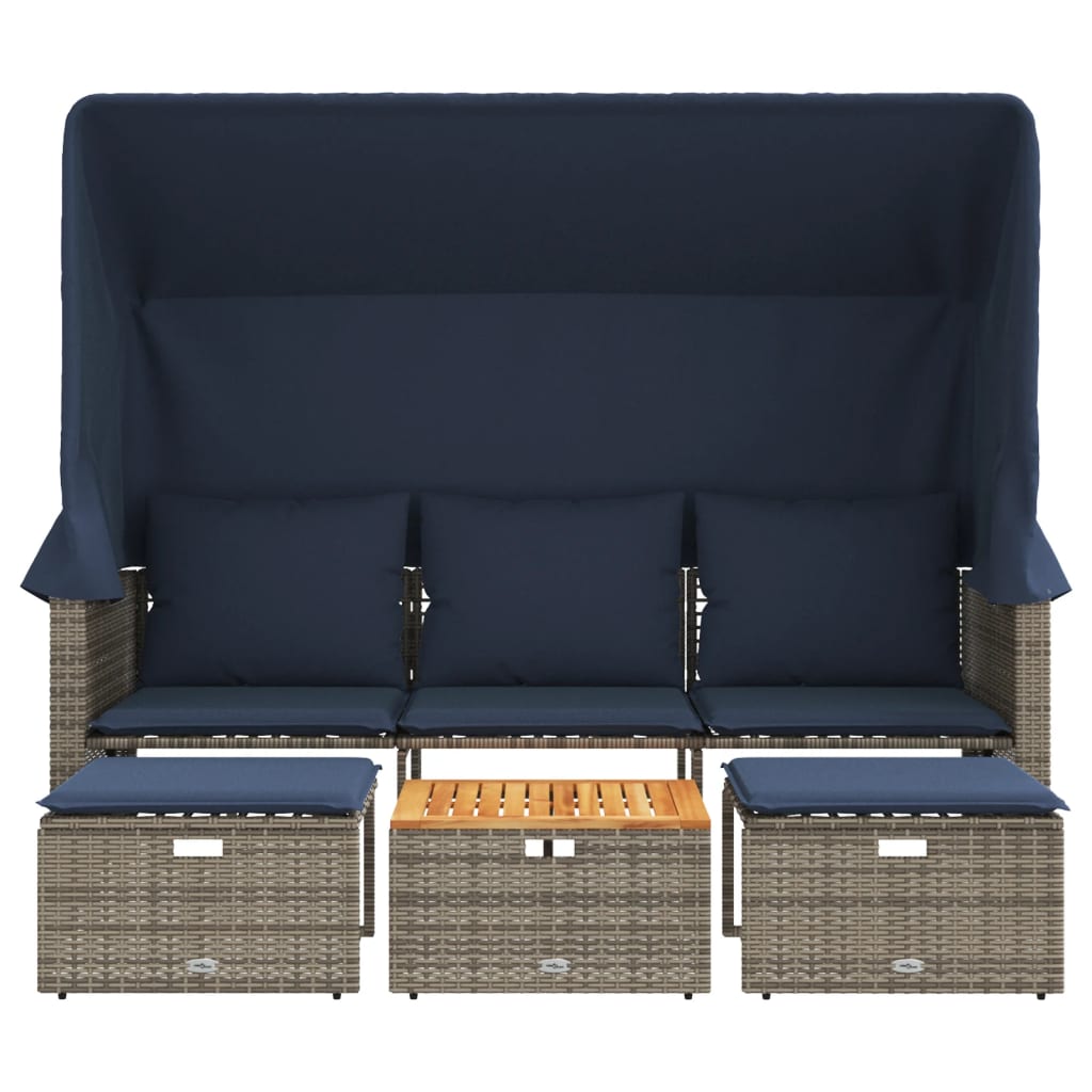 vidaXL Gartensofa 3-Sitzer mit Baldachin und Hockern Grau Poly Rattan