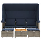 vidaXL Gartensofa 3-Sitzer mit Baldachin und Hockern Grau Poly Rattan