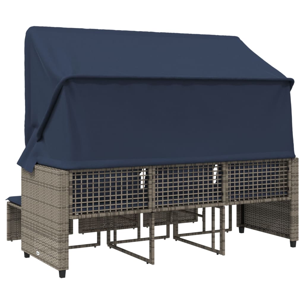 vidaXL Gartensofa 3-Sitzer mit Baldachin und Hockern Grau Poly Rattan