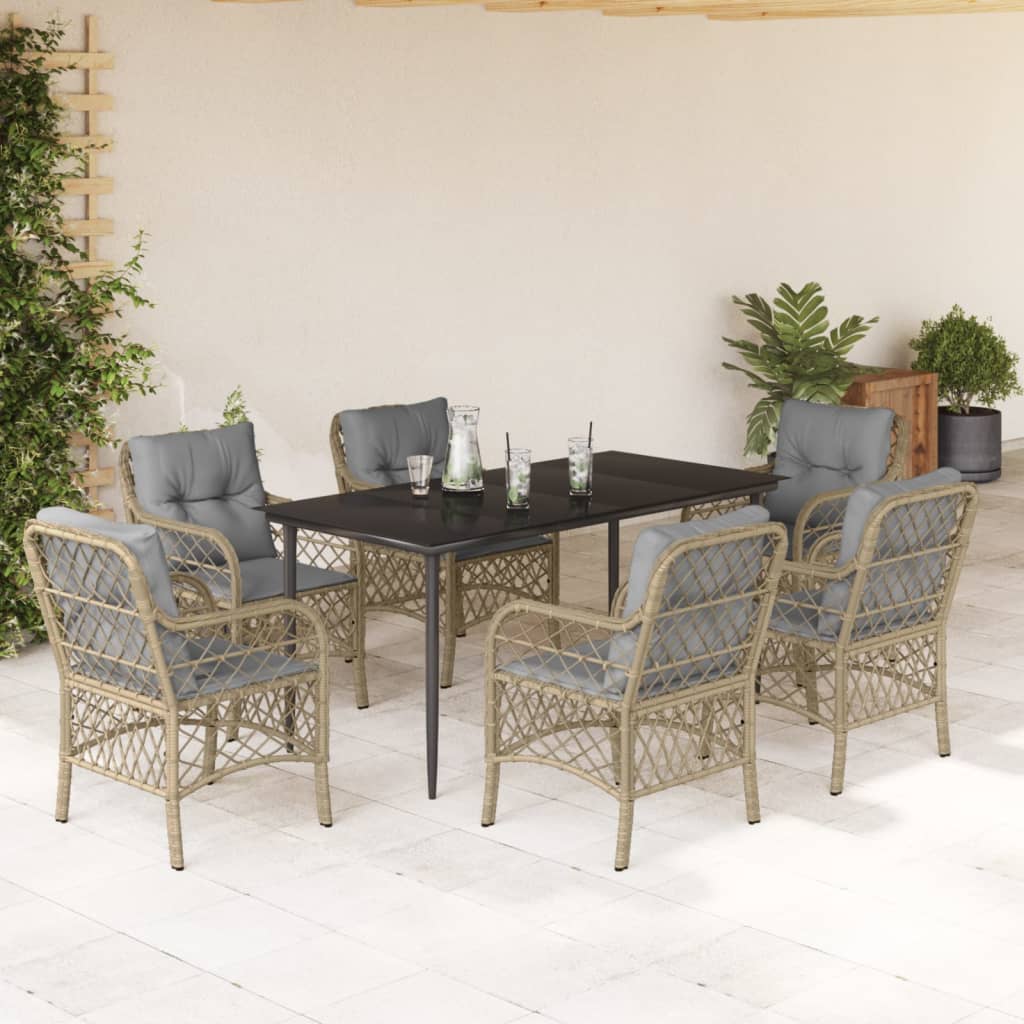vidaXL 7-tlg. Garten-Essgruppe mit Kissen Beigemischung Poly Rattan