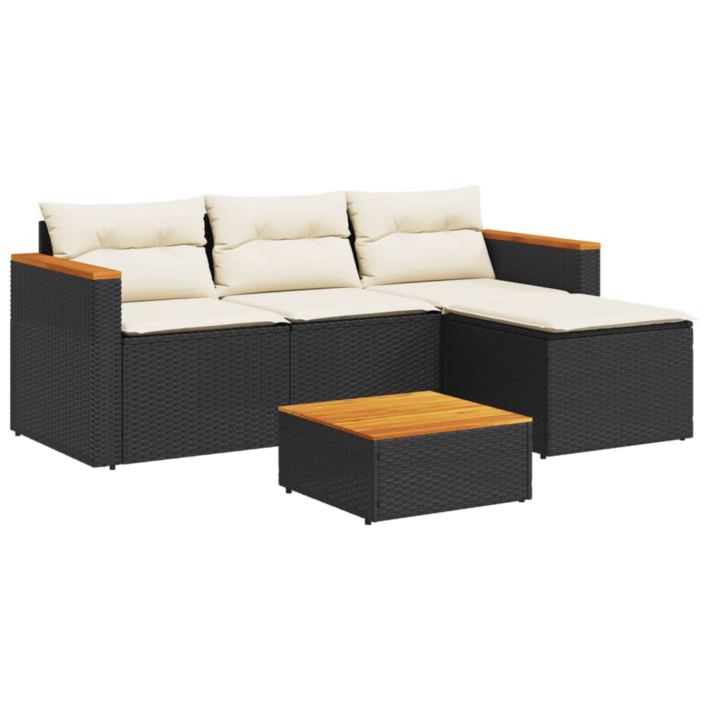 vidaXL 5tlg. Garten-Sofagarnitur mit Kissen Schwarz Poly Rattan Akazie