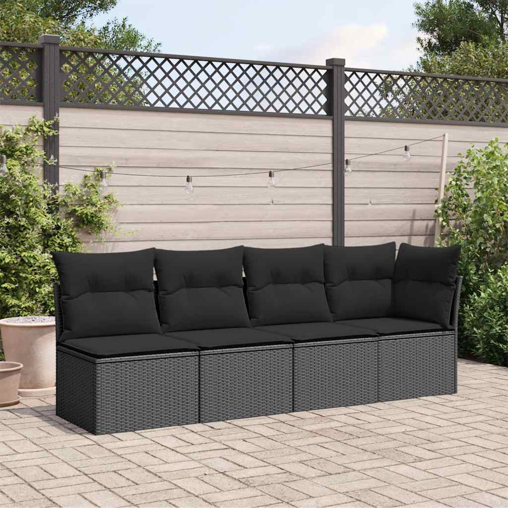 vidaXL Gartensofa mit Kissen 4-Sitzer Schwarz Poly Rattan