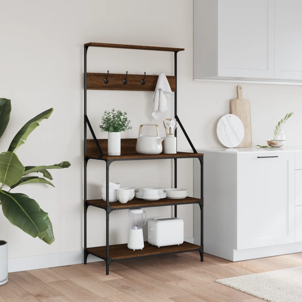 vidaXL Bäckerregal mit Haken 4 Böden Braun Eichen-Optik Holzwerkstoff