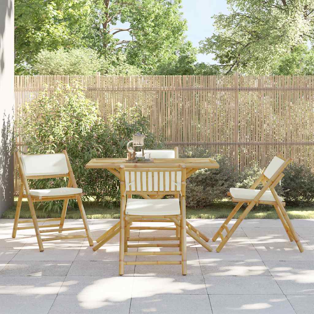 vidaXL 5-tlg. Bistro-Set Klappbar mit Cremeweißen Kissen Bambus