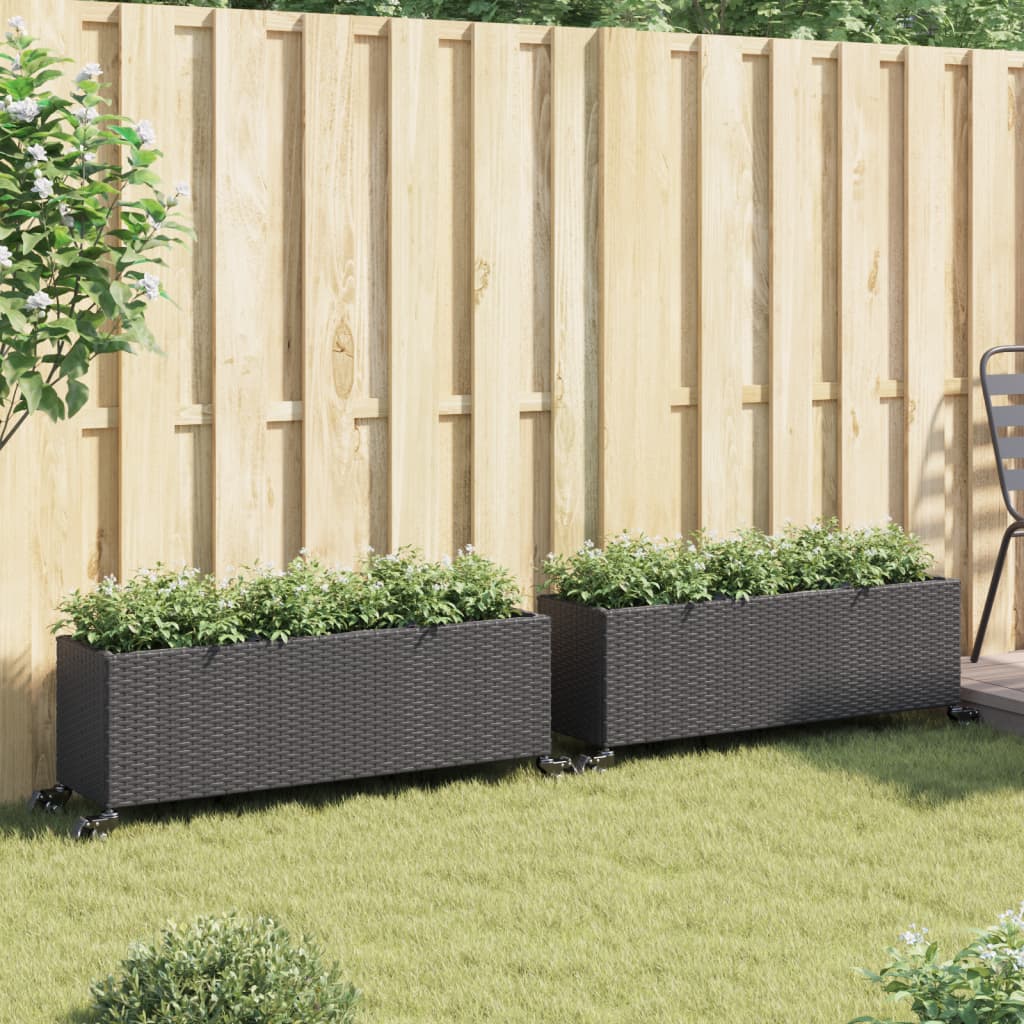 vidaXL Pflanzkübel mit Rollen 2 Stk. Schwarz 107x32x38 cm Poly Rattan