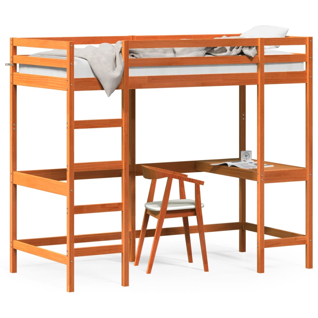vidaXL Hochbett mit Schreibtisch Wachsbraun 90x200cm Massivholz Kiefer